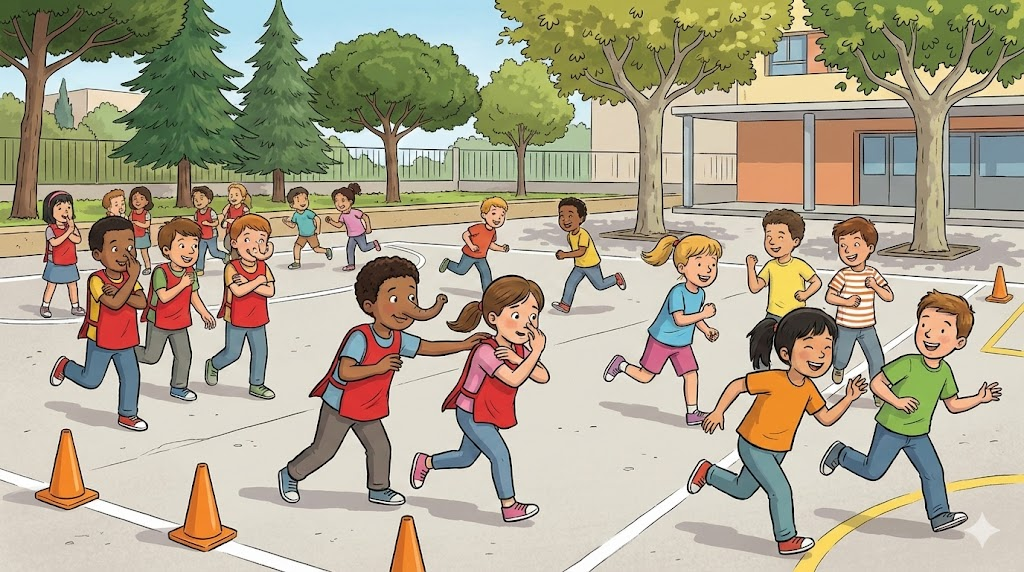 Ilustración de un grupo de alumnos de Primaria jugando al juego de persecución “El elefante resfriado” en el patio de una escuela. Varios niños, identificados con petos rojos, corren adoptando la postura obligatoria de brazos cruzados y mano en la nariz, intentando atrapar al resto de compañeros que huyen por la pista polideportiva.