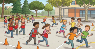 Ilustración que muestra una partida inclusiva del juego «El elefante resfriado» en un patio escolar. Además del grupo general, destaca una pareja de alumnos perseguidores (con petos rojos y postura de elefante) que utiliza una cuerda corta de acompañamiento o sistema guía para correr y participar conjuntamente en la persecución.