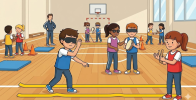 Alumnos de ciclo medio practicando el juego sensorial inclusivo "El Lazarillo Inverso", desarrollando la orientación espacial y la confianza mediante guía sonora.