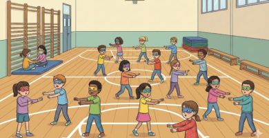 Ilustración de un grupo de niños de Primaria con antifaces en un gimnasio escolar, participando en el juego de orientación auditiva El Arca de Noé. Se ven alumnos buscando con los brazos extendidos y una pareja sentada que ya se ha encontrado.