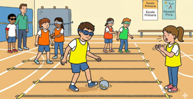Estudiantes de primaria jugando al Toque Toque en clase de Educación Física inclusiva utilizando un balón sonoro y antifaces.