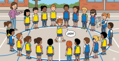 Ilustración de niños de primaria en un patio escolar de Cataluña participando en el juego inclusivo de Educación Física “Ubicación en círculo”. Un alumno en el centro con un antifaz naranja y los brazos extendidos grita “¡VOY!” mientras sigue el sonido (“CRAC CRAC”) producido por una pelota dentro de una bolsa de plástico que una compañera agita. Una alumna con discapacidad visual con gafas de sol y bastón está en el perímetro. Estilo flat design con líneas claras.