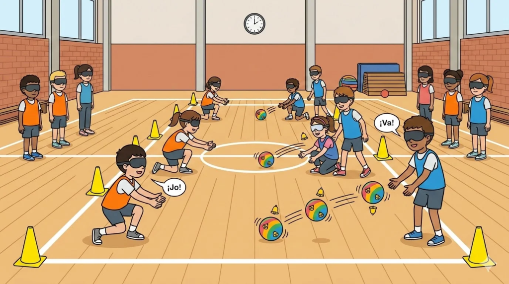 Ilustración estilo línea clara de niños de primaria jugando a 'El Mensajero' en un gimnasio. Llevan antifaces y utilizan pelotas sonoras. Se muestran parejas en posición de recepción y lanzamiento con petos naranjas y azules. Incluye bocadillos de texto en catalán "¡Jo!" y "¡Va!".