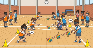 Ilustración estilo línea clara de niños de primaria jugando a 'El Mensajero' en un gimnasio. Llevan antifaces y utilizan pelotas sonoras. Se muestran parejas en posición de recepción y lanzamiento con petos naranjas y azules. Incluye bocadillos de texto en catalán "¡Jo!" y "¡Va!".