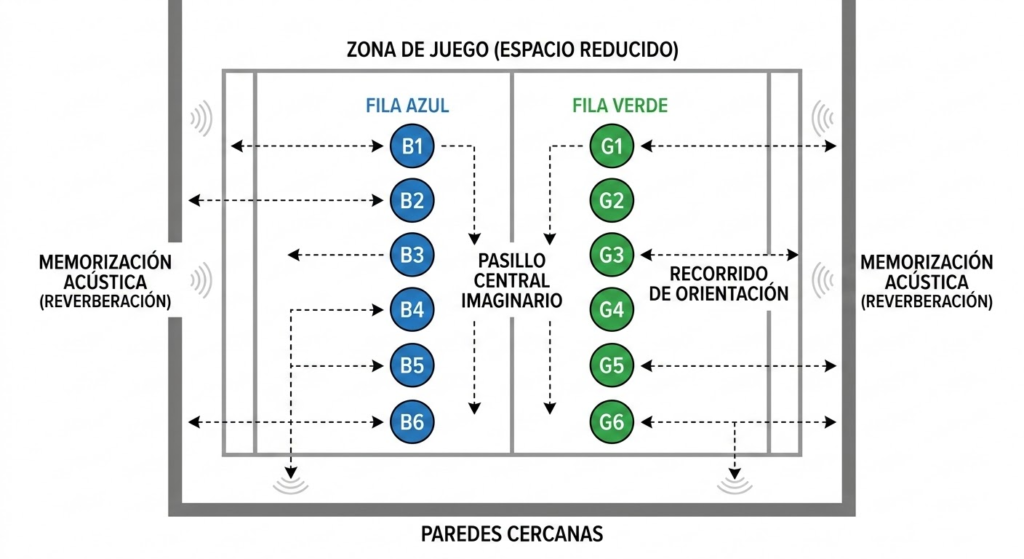 Croquis táctico de juego motor inclusivo en Educación Física. Muestra la zona de juego con dos filas de alumnos (azul y verde), pasillo central, recorrido de orientación y puntos de memorización acústica mediante reverberación.