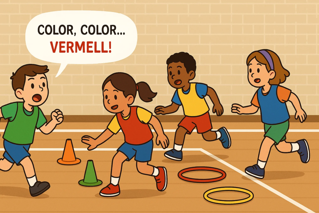 Ilustración de cuatro alumnos de primaria jugando a ¡Color, color! en un gimnasio, corriendo hacia conos y aros de colores.