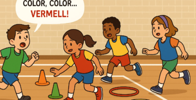 Ilustración de cuatro alumnos de primaria jugando a ¡Color, color! en un gimnasio, corriendo hacia conos y aros de colores.