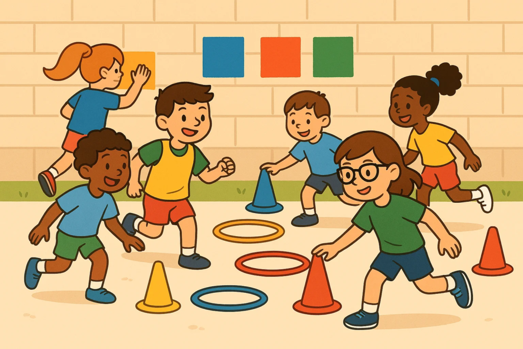 Ilustración de escolares jugando a ¡Color, color!, corriendo para tocar conos, aros y paneles de distintos colores. Una de las alumnas lleva gafas.