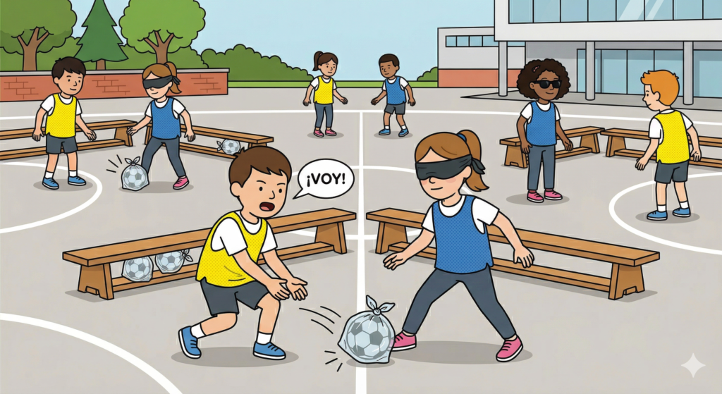 Ilustración de estilo línea clara de un patio de escuela. En primer plano, un niño con chaleco amarillo dice "¡VOY!" mientras empuja una pelota de fútbol dentro de una bolsa de plástico hacia una niña con los ojos vendados y chaleco azul. Alrededor, otros niños juegan con los ojos vendados, y una niña ciega con bastón y gafas de sol está de pie a la derecha, delimitados por bancos de madera.