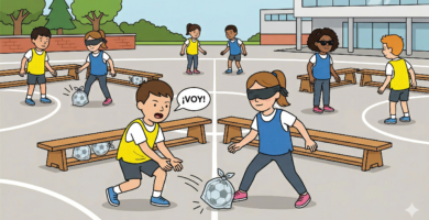 Ilustración de estilo línea clara de un patio de escuela. En primer plano, un niño con chaleco amarillo dice "¡VOY!" mientras empuja una pelota de fútbol dentro de una bolsa de plástico hacia una niña con los ojos vendados y chaleco azul. Alrededor, otros niños juegan con los ojos vendados, y una niña ciega con bastón y gafas de sol está de pie a la derecha, delimitados por bancos de madera.