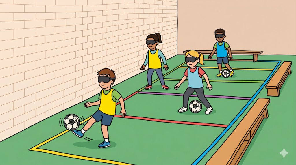 Alumnos de primaria con antifaz practican fútbol para ciegos en el gimnasio de una escuela utilizando balones sonoros
