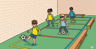 Alumnos de primaria con antifaz practican fútbol para ciegos en el gimnasio de una escuela utilizando balones sonoros