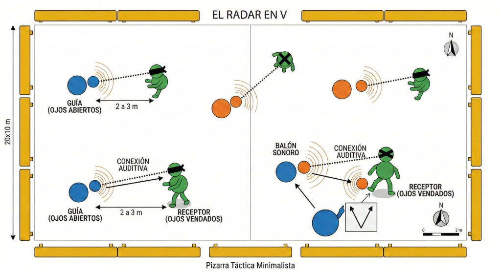 Diagrama del juego El Radar en V en una cancha de 20x10 metros. Un guía lanza un balón sonoro hacia un receptor con ceguera o los ojos vendados. El balón da un bote en forma de V para trabajar la conexión auditiva a una distancia de 2 a 3 metros.