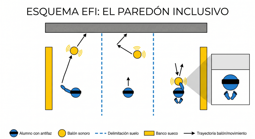 Esquema táctico educativo en vista cenital que muestra el desarrollo del juego motor inclusivo 'El Paredón' para alumnos con discapacidad visual. El diagrama, con estética minimalista en blanco, azul y amarillo, ilustra tres pasillos individuales donde alumnos con antifaz interactúan con balones sonoros contra una pared, e incluye un recuadro de detalle sobre la técnica de recepción en 'V'.
