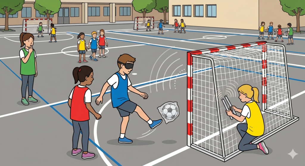 Ilustración educativa de un niño ciego pateando un balón de fútbol sonoro hacia una portería, guiado por señales acústicas en el patio de una escuela, un juego inclusivo conocido como El Faro Acústico.
