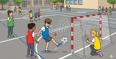 Ilustración educativa de un niño ciego pateando un balón de fútbol sonoro hacia una portería, guiado por señales acústicas en el patio de una escuela, un juego inclusivo conocido como El Faro Acústico.
