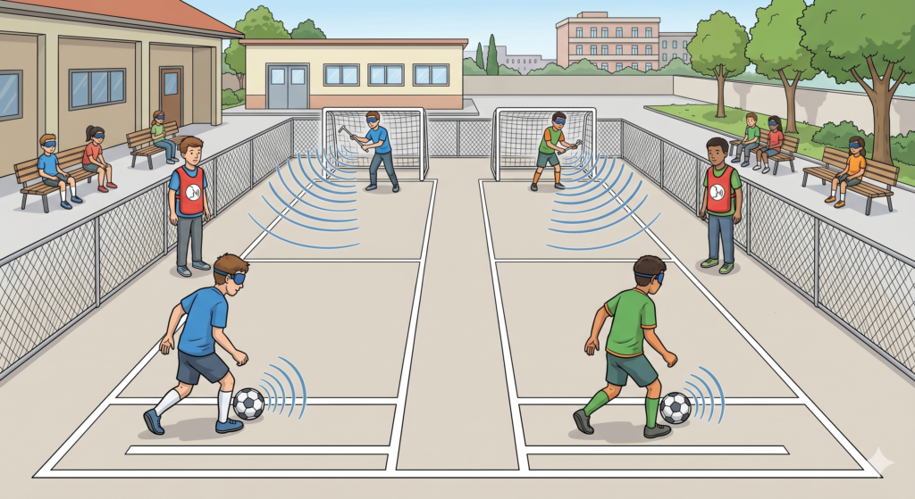 Esquema ilustrado de fútbol inclusivo "El Faro Acústico": estudiantes con antifaz conducen balones sonoros hacia porterías guiados por ondas de sonido que visualizan señales acústicas.