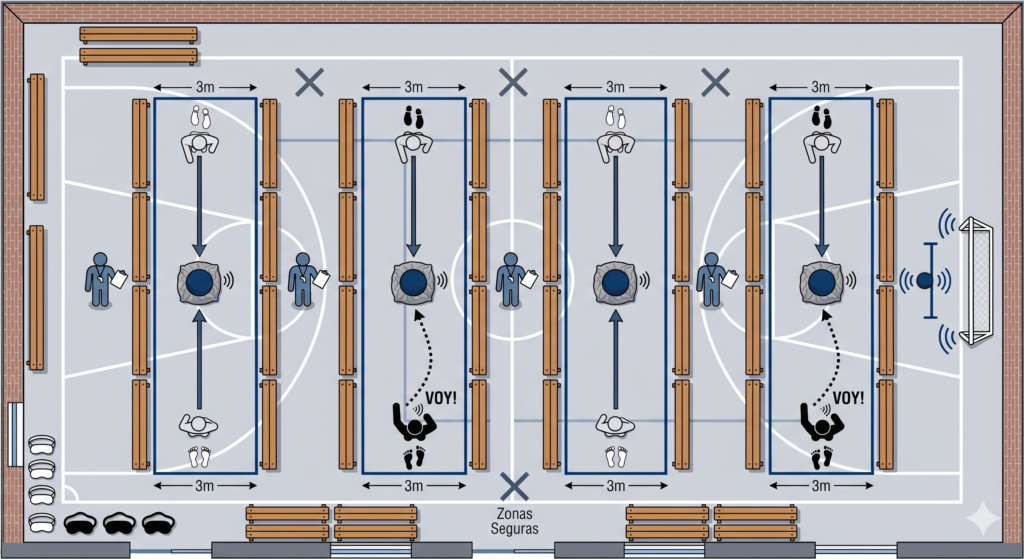 Diagrama técnico de organización de pista en gimnasio para el juego sensorial de fútbol para ciegos 'El Desafío del VOY' con 4 carriles.