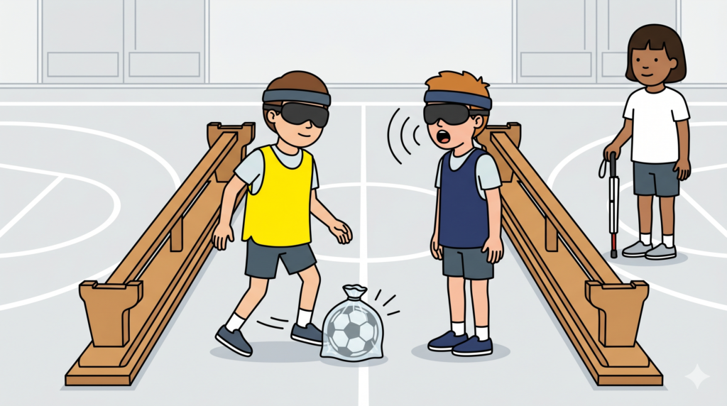 Niños con antifaces jugando fútbol inclusivo con un balón sonoro dentro de una bolsa, guiados por delimitadores de bancos suecos en un gimnasio escolar.